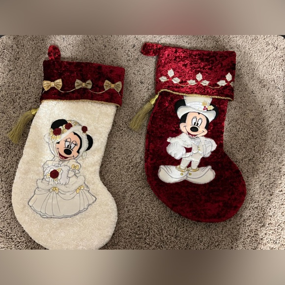 Vintage Disney Red Cream Christmas Stockings with Mickey Minnie Victorian SET